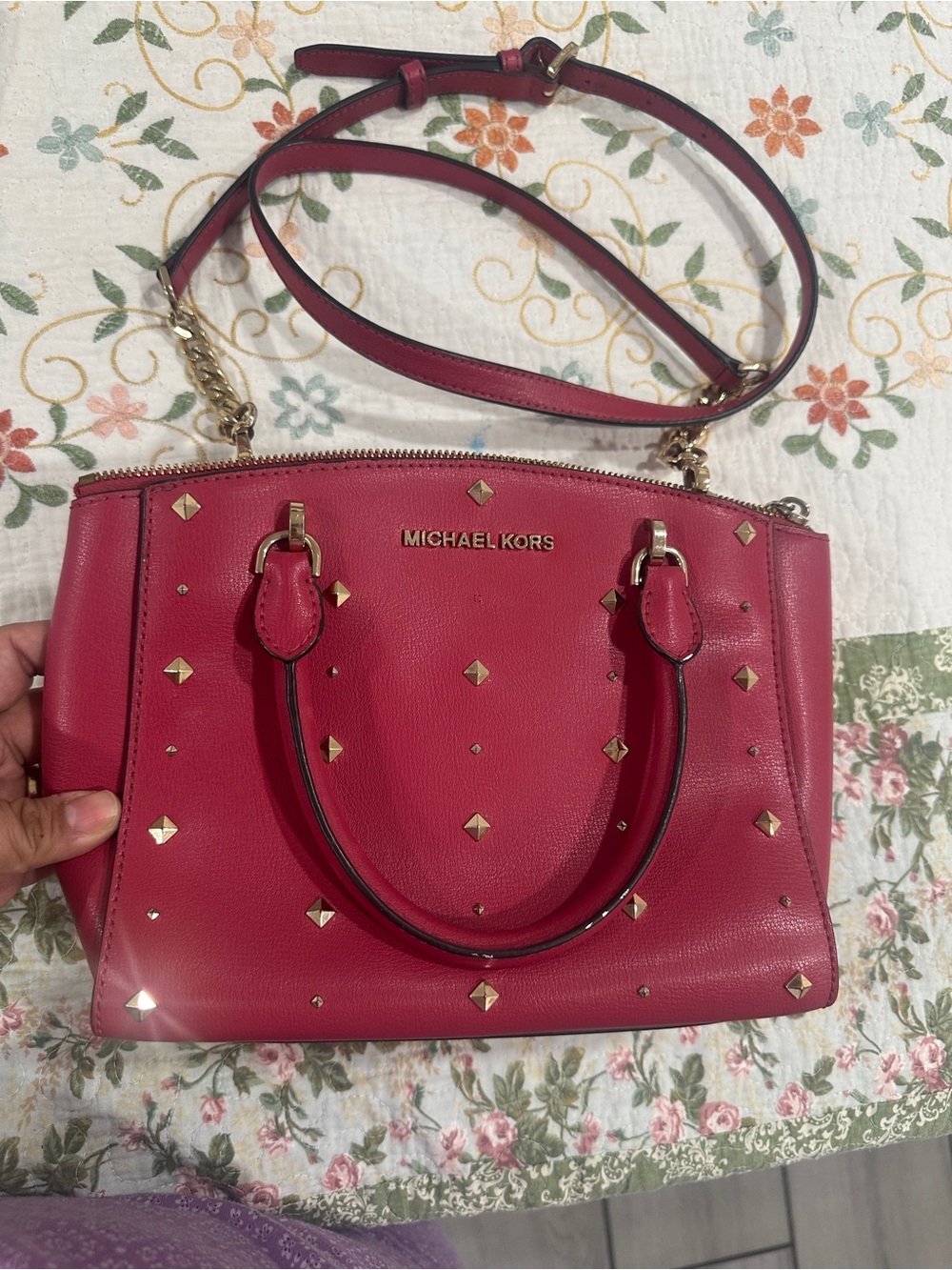 Michael Kors Fuchsia Studded Leather Satchel with Gold Hardware
